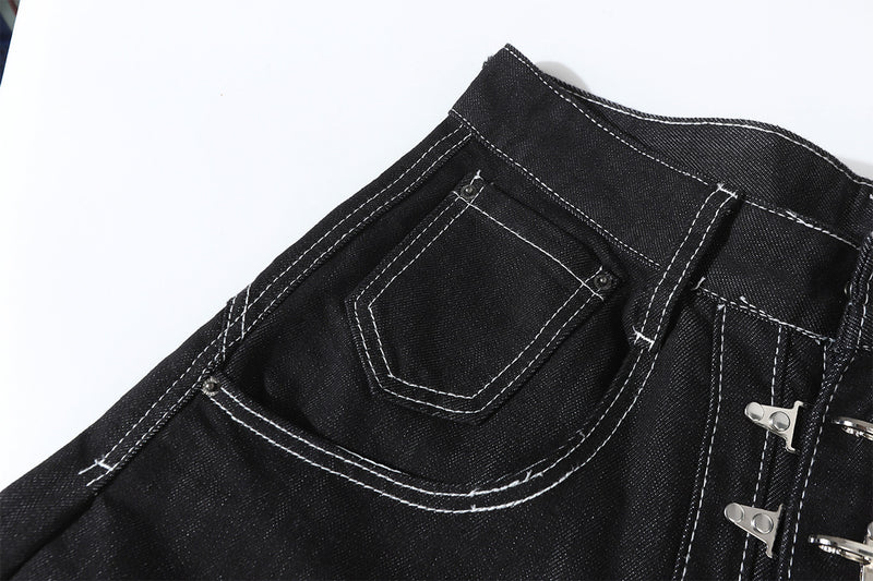 Wide-Leg Baggy Black Jeans with Safety Pin Closures – Streetwear Barrel Fit