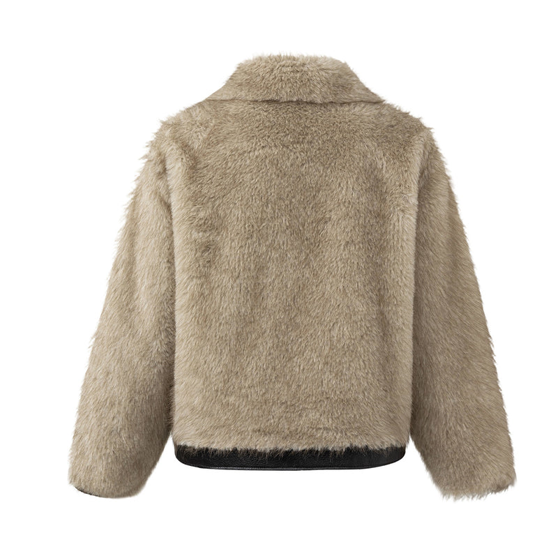 Faux Fur & Leather-Trim Oversized Jacket – Teddy Shearling Snap-Front Coat