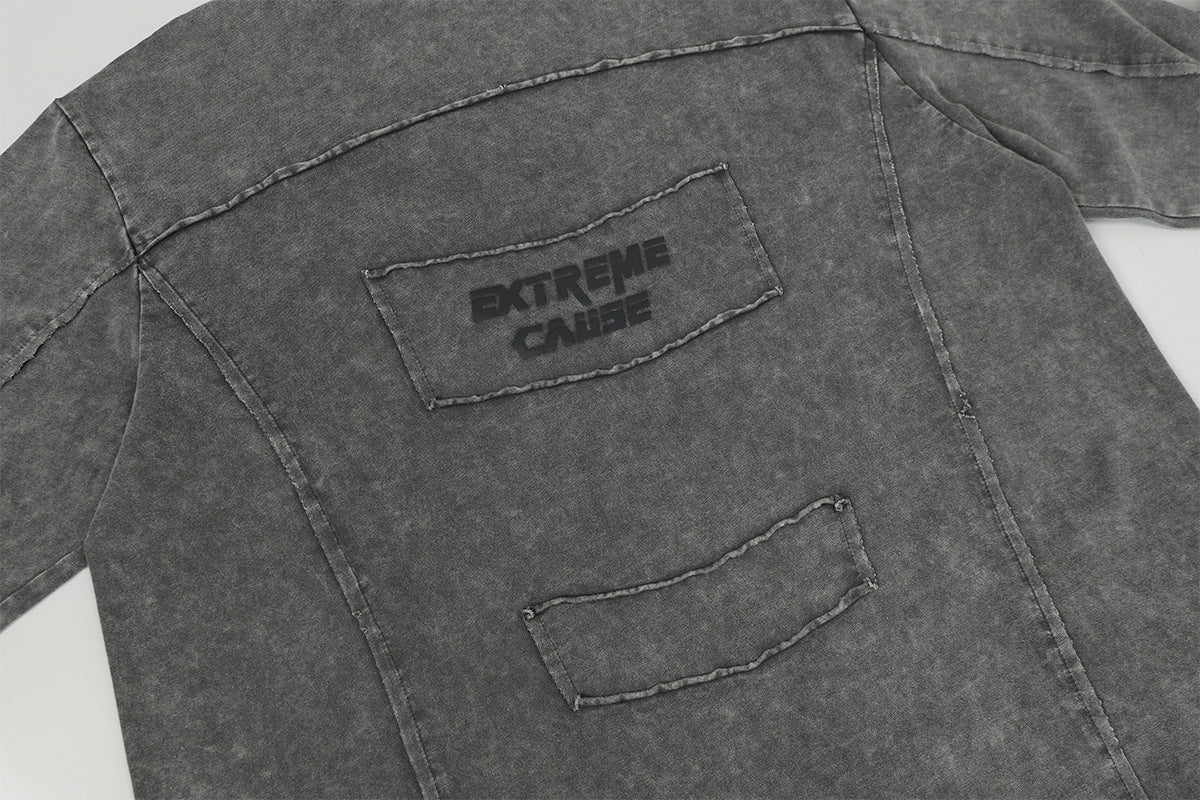 Pull homme gris à col rond – Délavé à l’acide, déstructuré, manches longues à bords bruts