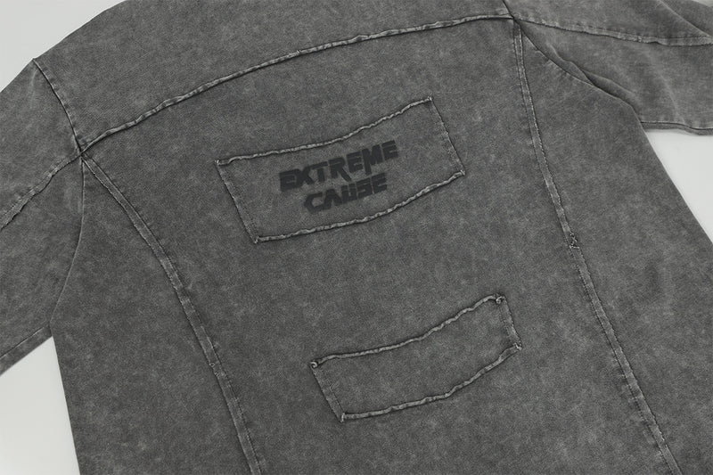 Pull homme gris à col rond – Délavé à l’acide, déstructuré, manches longues à bords bruts