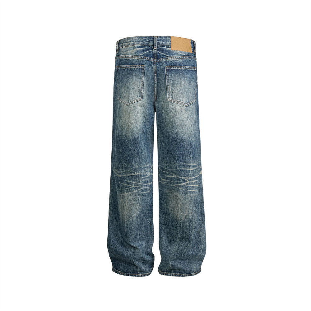 Men's Vintage Washed Baggy Wide-Leg Jeans – Distressed Straight-Fit Denim