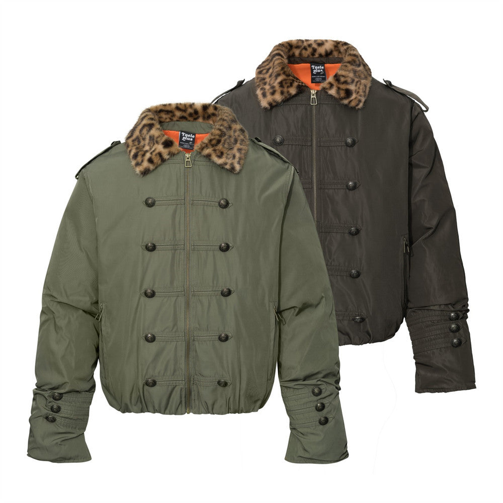 Men's Double-Breasted Padded Jacket with Leopard Faux-Fur Collar