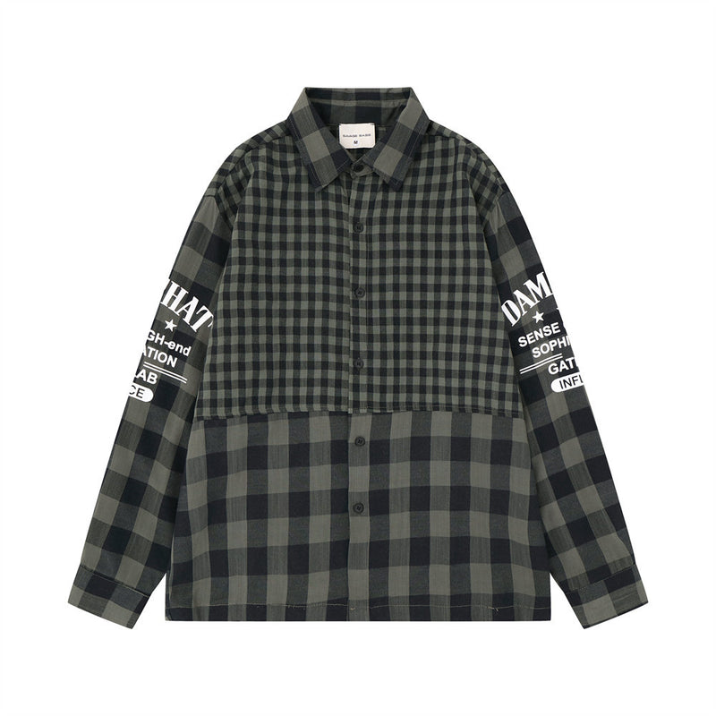 Men's oversized plaid long-sleeve shirt with graphic sleeve print in grey and black colorway, front view
