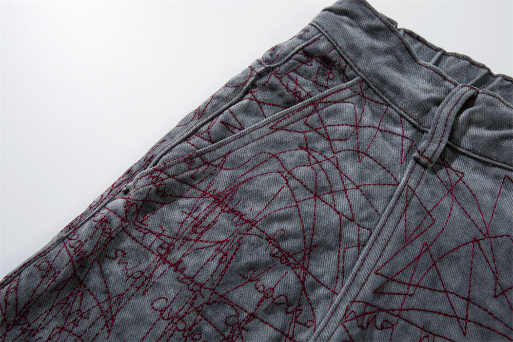 Wide-Leg Denim Shorts with All-Over Graffiti Embroidery – Punk Washed Grey
