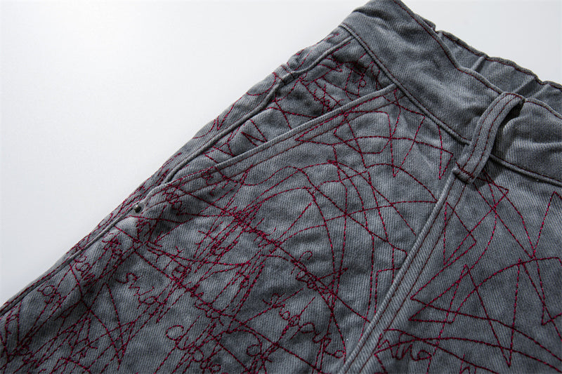 Wide-Leg Denim Shorts with All-Over Graffiti Embroidery – Punk Washed Grey