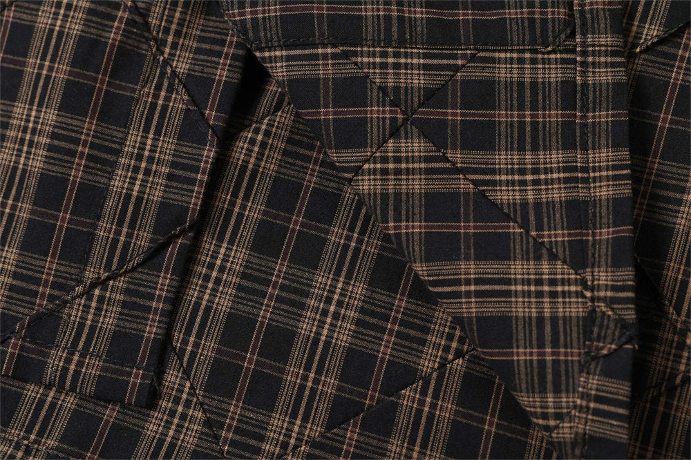Quilted Plaid Layered-Sleeve Shirt Jacket with Graphic Print