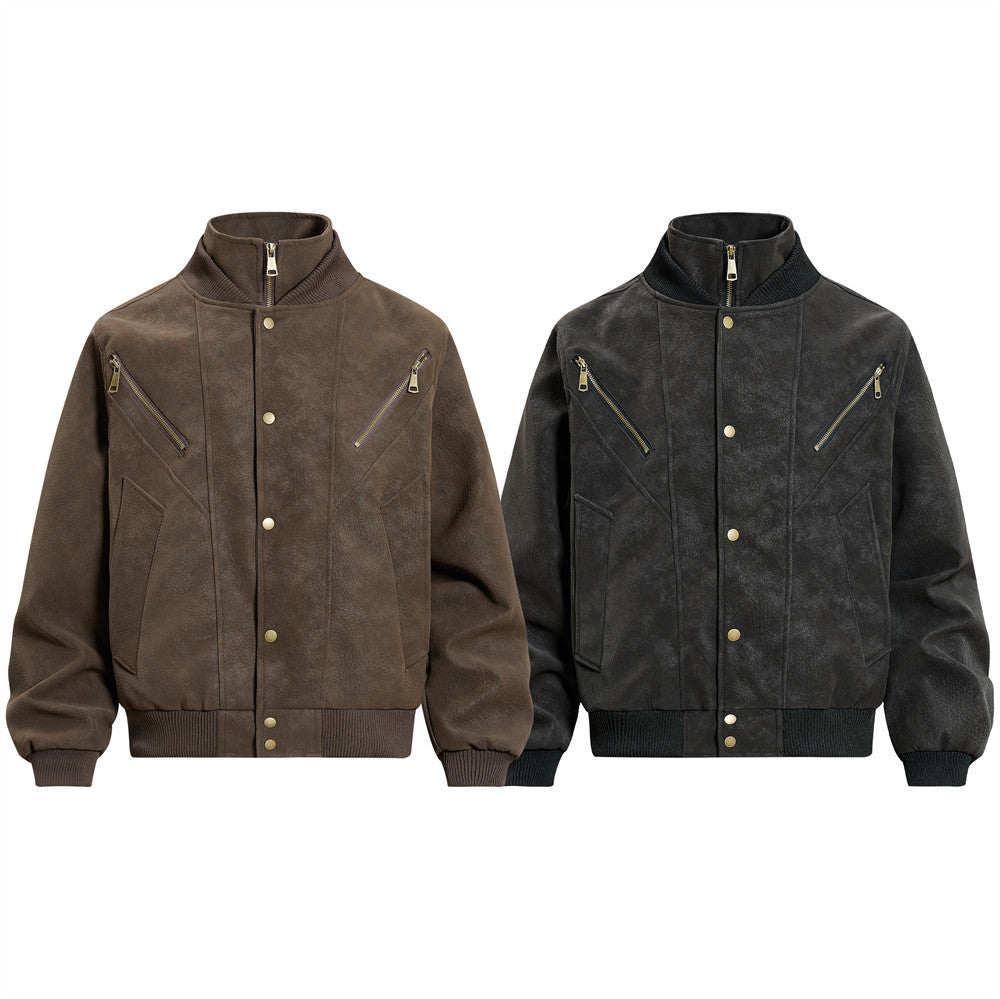 Vintage Leather Bomber Jacket – Men's Oversized PU Leather Baseball Jacket with