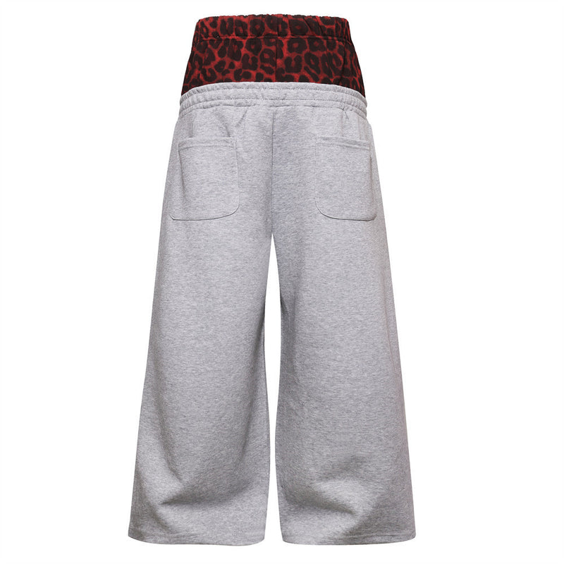 Wide-Leg Sweatpants with Leopard Print Double Waistband & Side Studs