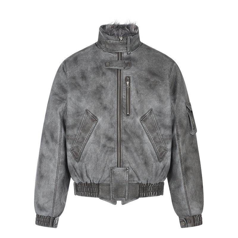 Men's Distressed Bomber Jacket with Faux Fur Collar – Padded Stand-Collar