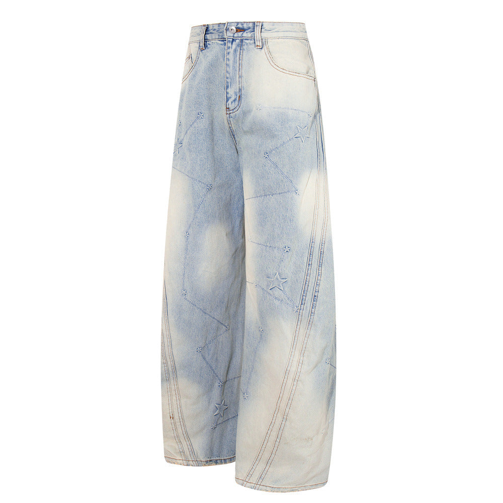 Star Embroidery Wide-Leg Jeans – Vintage Washed Baggy Denim