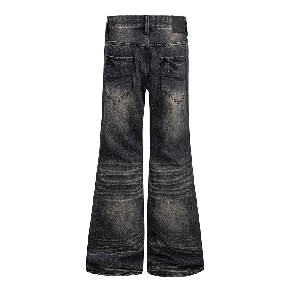 Vaqueros flare negros lavados para hombre – Denim de pierna ancha desgastado con detalle de bigotes