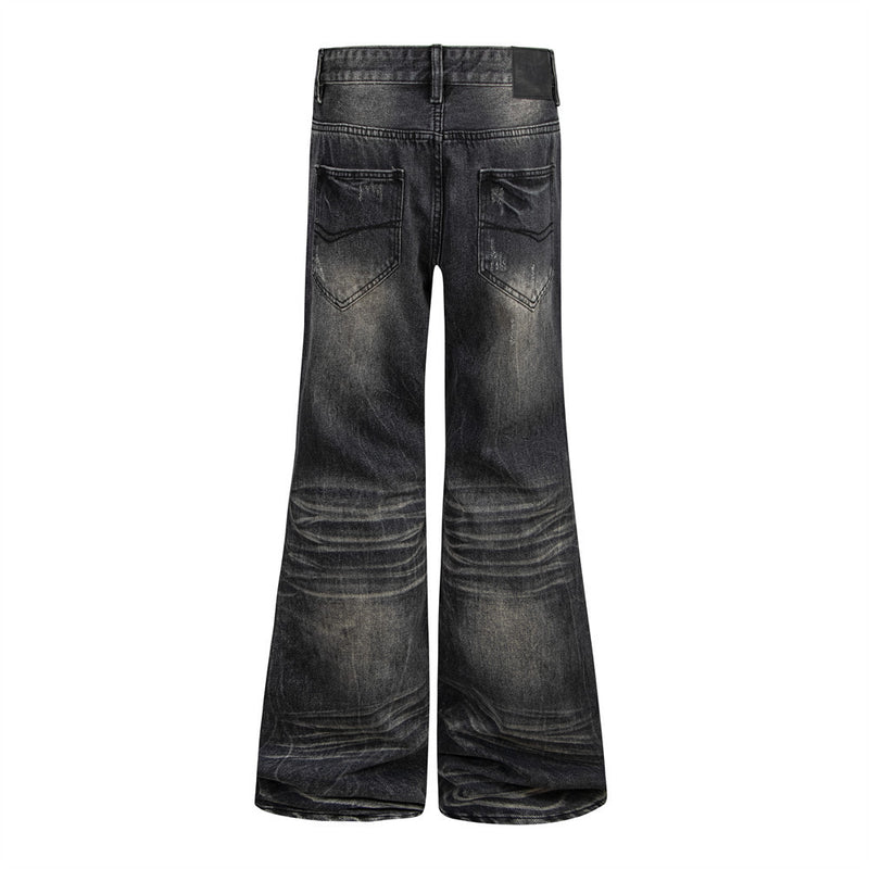 Vaqueros flare negros lavados para hombre – Denim de pierna ancha desgastado con detalle de bigotes