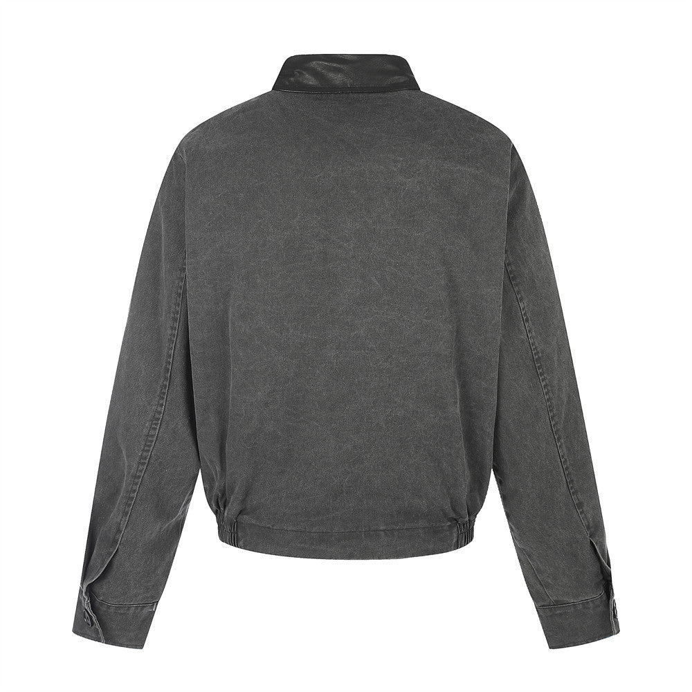 Moto-Inspired Workwear Jacket – Irregular Button Placket, Contrast Collar