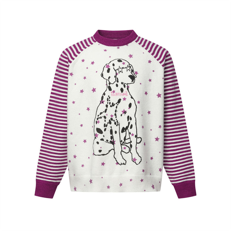 Dalmatian Star Print Crew Neck Sweater with Striped Raglan Sleeves