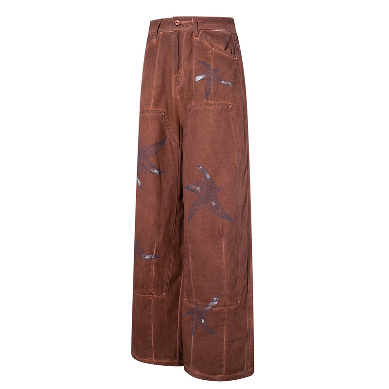 Wide-Leg Cargo Pants – Washed Brown Bird Print, Baggy Fit