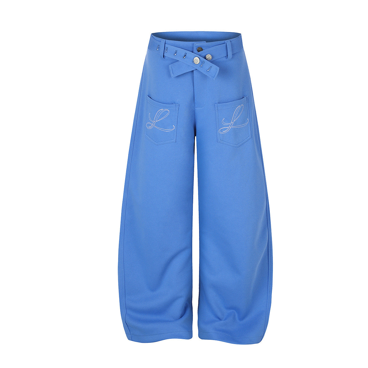 Pantalon habillé à jambes larges – Coupe baggy délavée avec poches brodées et ceinture croisée
