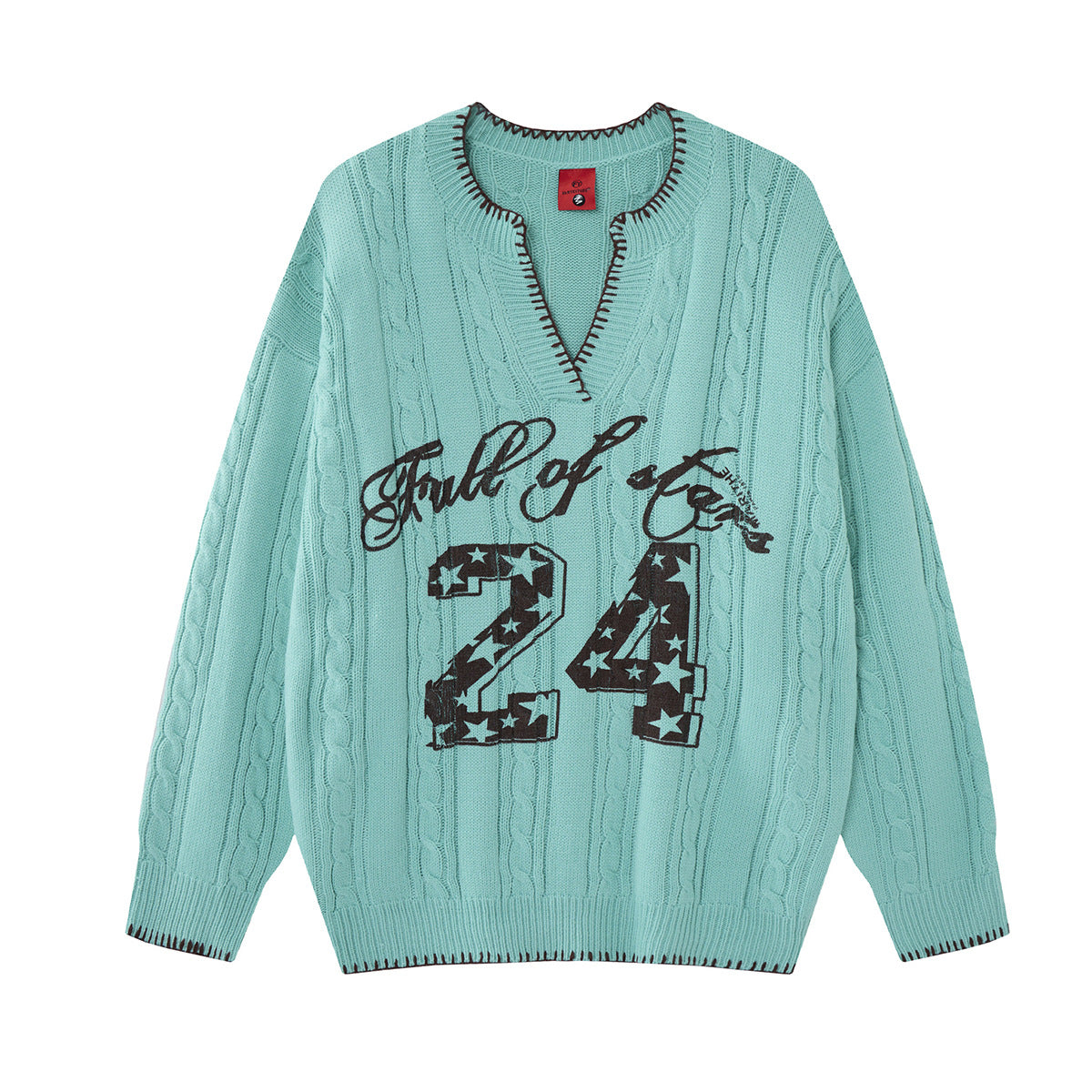 Cable Knit V-Neck Sweater – Varsity '24 Star Graphic, Relaxed Unisex Fit
