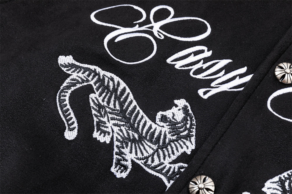 Varsity-Bomberjacke mit Schriftzug-Stickerei und Tiger-Motiv, Colorblock-Raglan