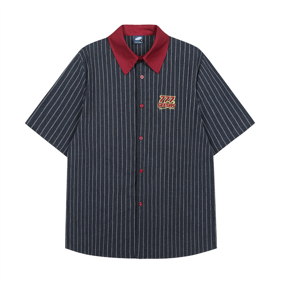 Men's oversized navy pinstripe short sleeve shirt with contrast burgundy collar and red buttons, featuring 777 GEESAS embroid