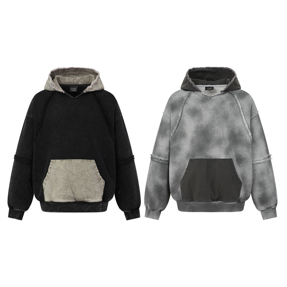 Sweat à capuche homme tie-dye – Pull color block délavé à l’acide avec capuche à bords francs