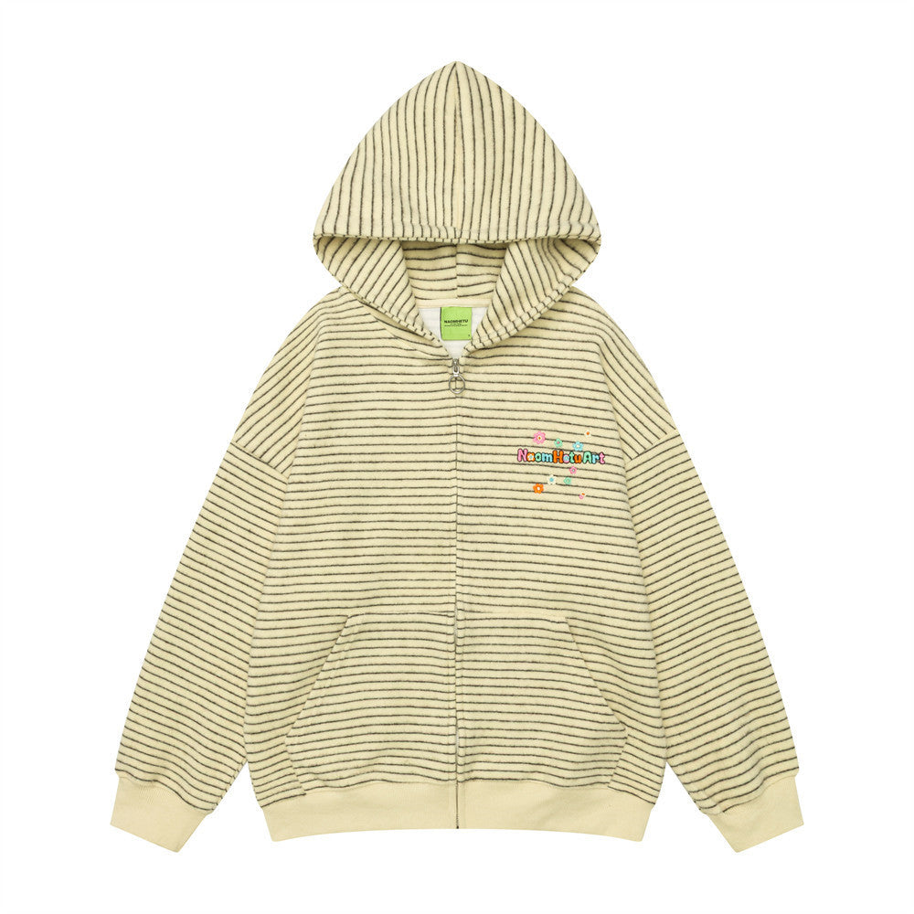 Striped Zip-Up Hoodie — Oversized American Vintage Fleece Cardigan