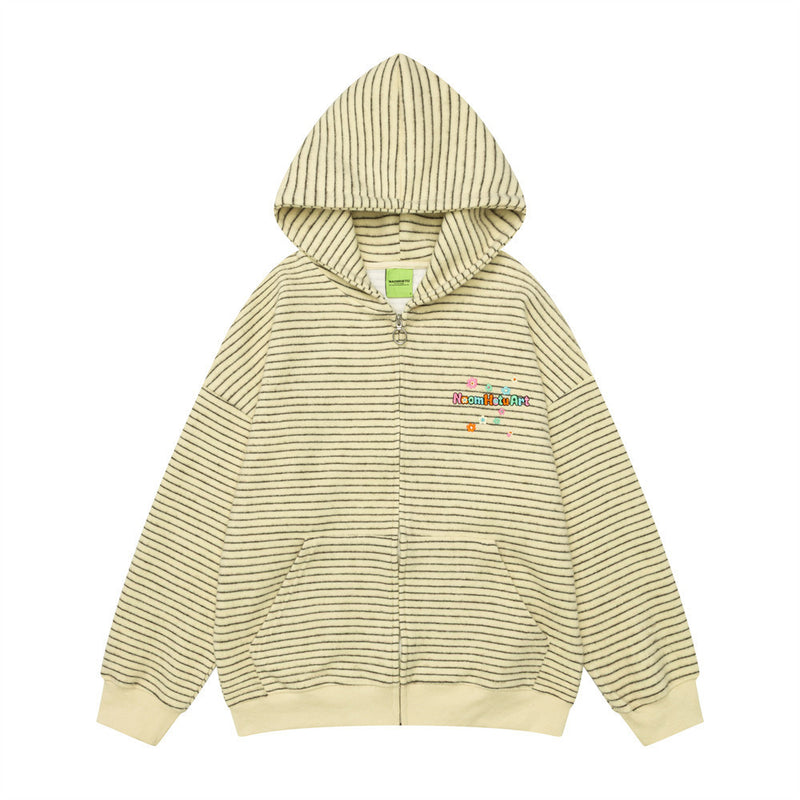 Striped Zip-Up Hoodie — Oversized American Vintage Fleece Cardigan