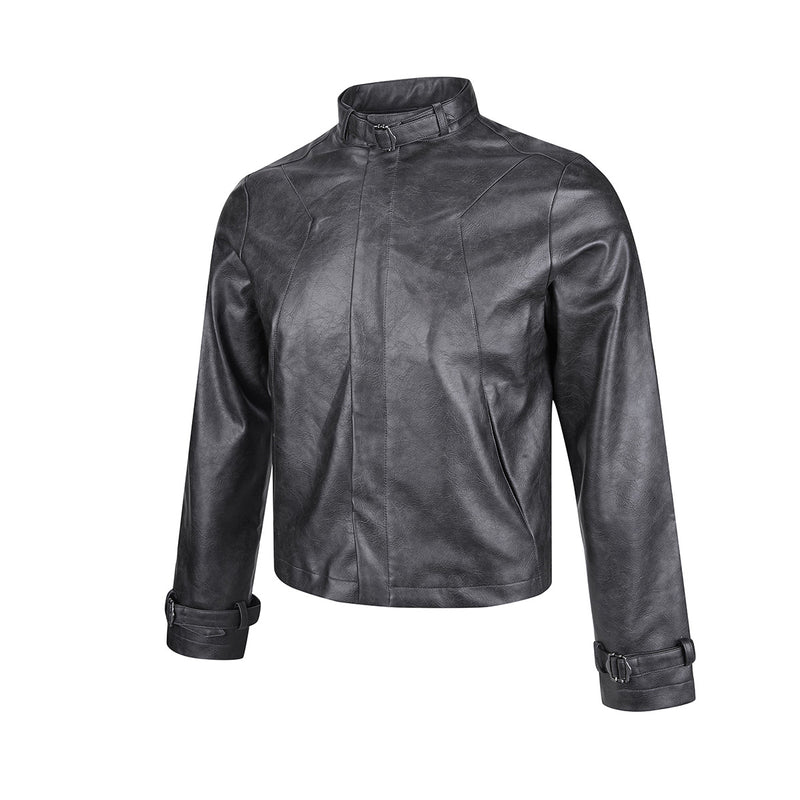 Blouson biker oversize en cuir – Style moto à col montant et poignets à boucles