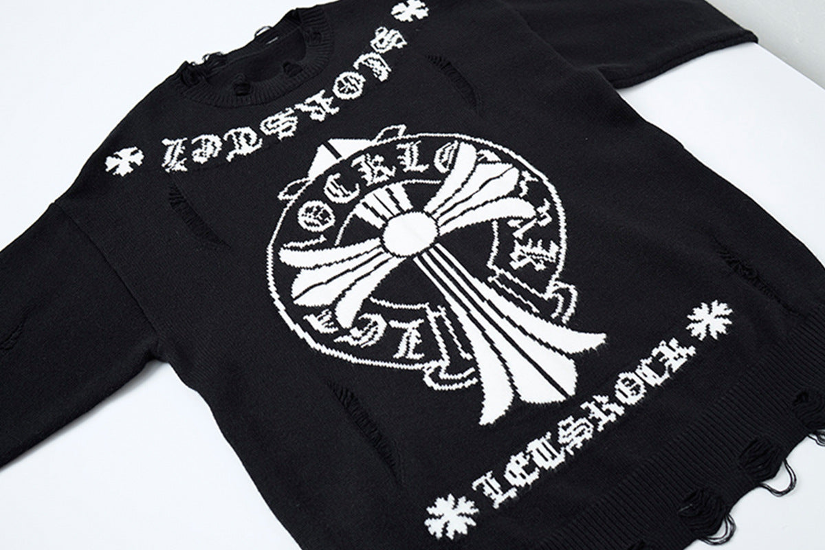 Crew Neck Knit Sweater Gothic Cross Distressed Hem Streetwear