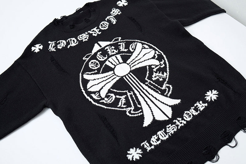 Crew Neck Knit Sweater Gothic Cross Distressed Hem Streetwear