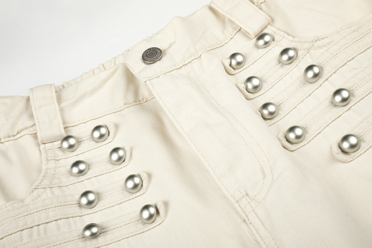 Wide-Leg Studded Pants – Retro American Vintage Metal Rivet Wide Leg Trousers