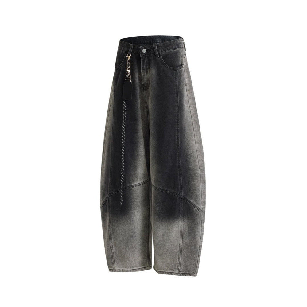 Wide-Leg Gradient Washed Jeans – Deconstructed Curved Seam Baggy Denim