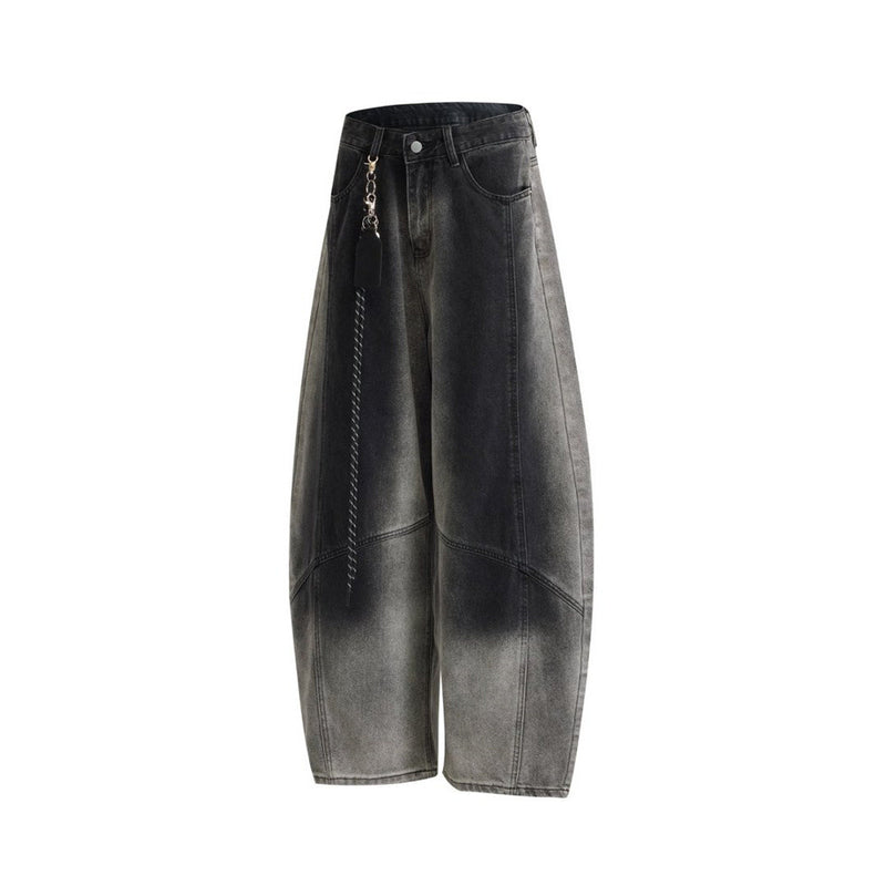 Wide-Leg Gradient Washed Jeans – Deconstructed Curved Seam Baggy Denim