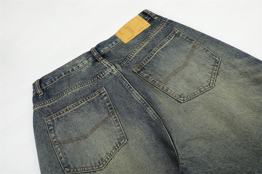 Wide-Leg Jeans Men's American Vintage Washed Distressed Denim Pants