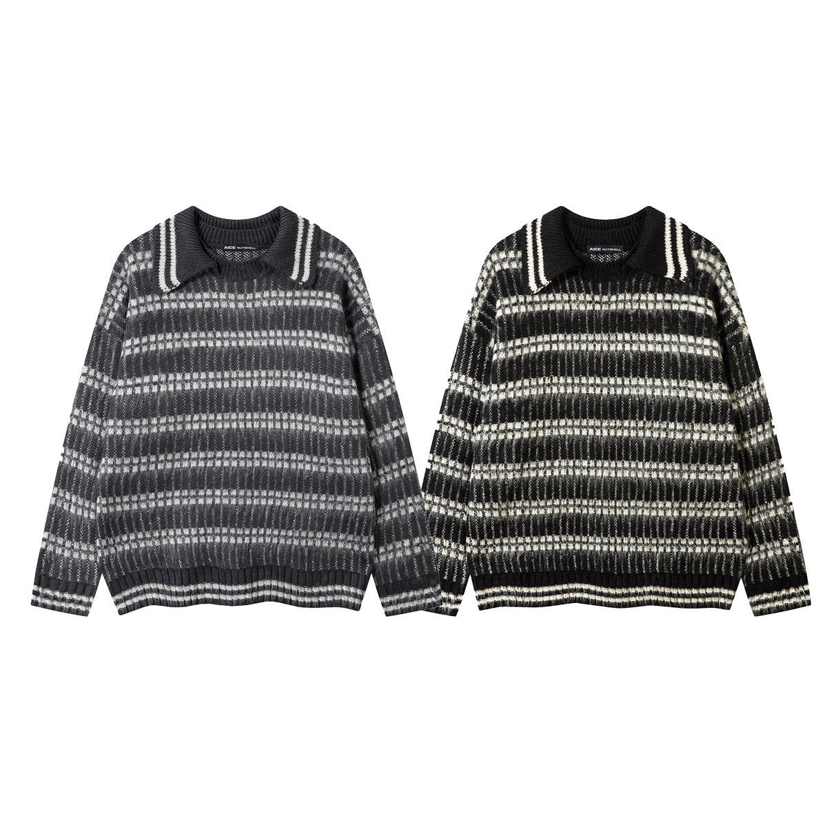 Striped Knit Sweater with Polo Collar – Oversized Fuzzy Texture