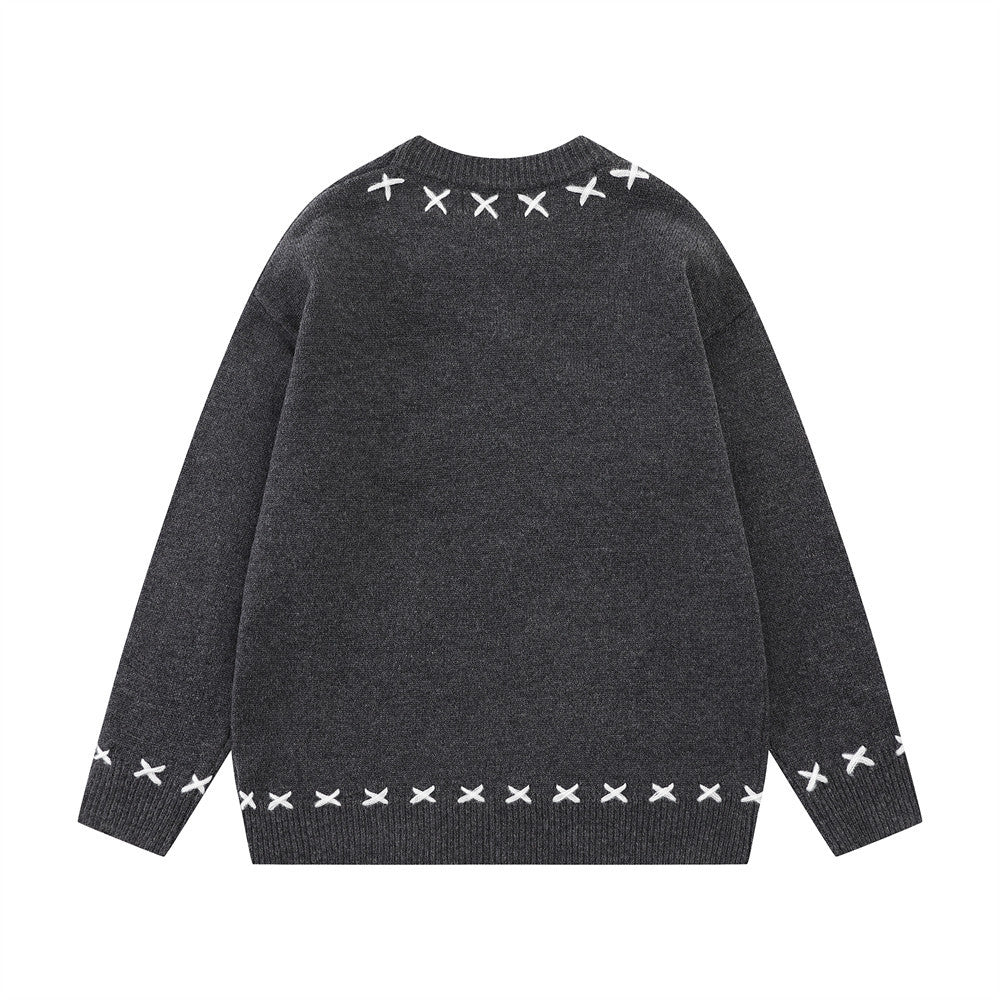 Cartoon Sheep Embroidered Crew Neck Pullover Sweater – Oversized Knit with