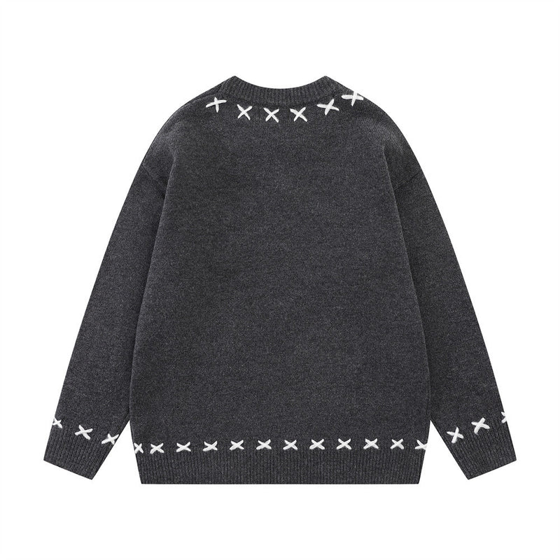Cartoon Sheep Embroidered Crew Neck Pullover Sweater – Oversized Knit with