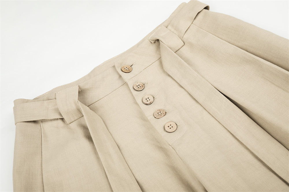 Wide-Leg Pleated Trousers with Button Fly and Belt Ties