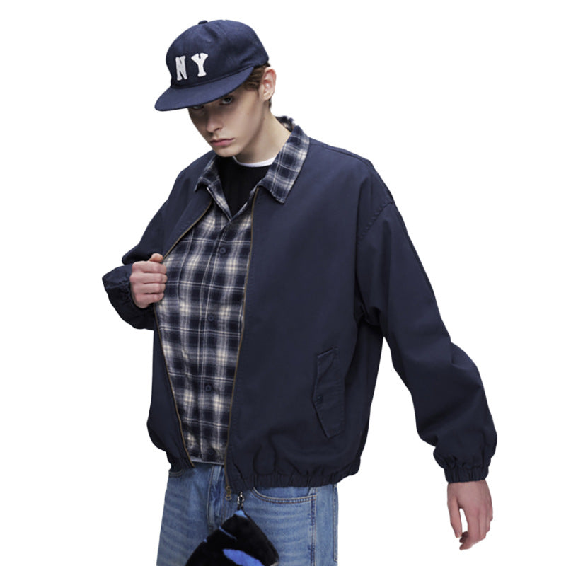 Layered Plaid Collar Bomber Jacket – Relaxed Fit Men's Workwear Zip-Up