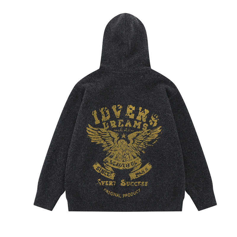 Knit Zip-Up Hoodie with Eagle Graphic Back — Relaxed Fit Streetwear Cardigan