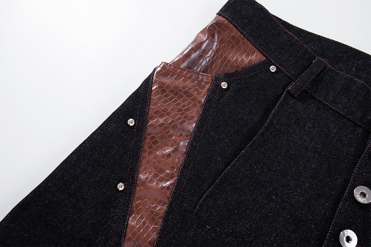 Baggy Wide-Leg Jeans with Croc-Leather Patchwork & Studded Detail — Black Denim