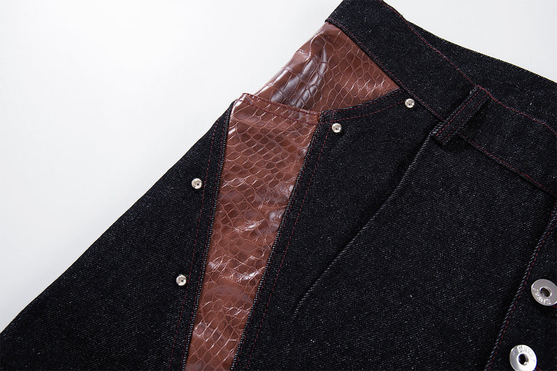 Baggy Wide-Leg Jeans with Croc-Leather Patchwork & Studded Detail — Black Denim