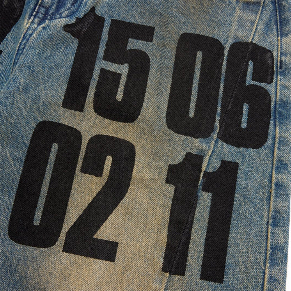 Men's Loose Fit Jeans Vintage Number Print Straight-Leg Baggy Denim Pants