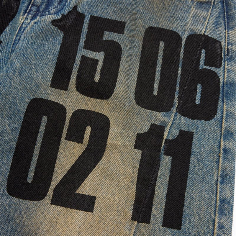 Men's Loose Fit Jeans Vintage Number Print Straight-Leg Baggy Denim Pants
