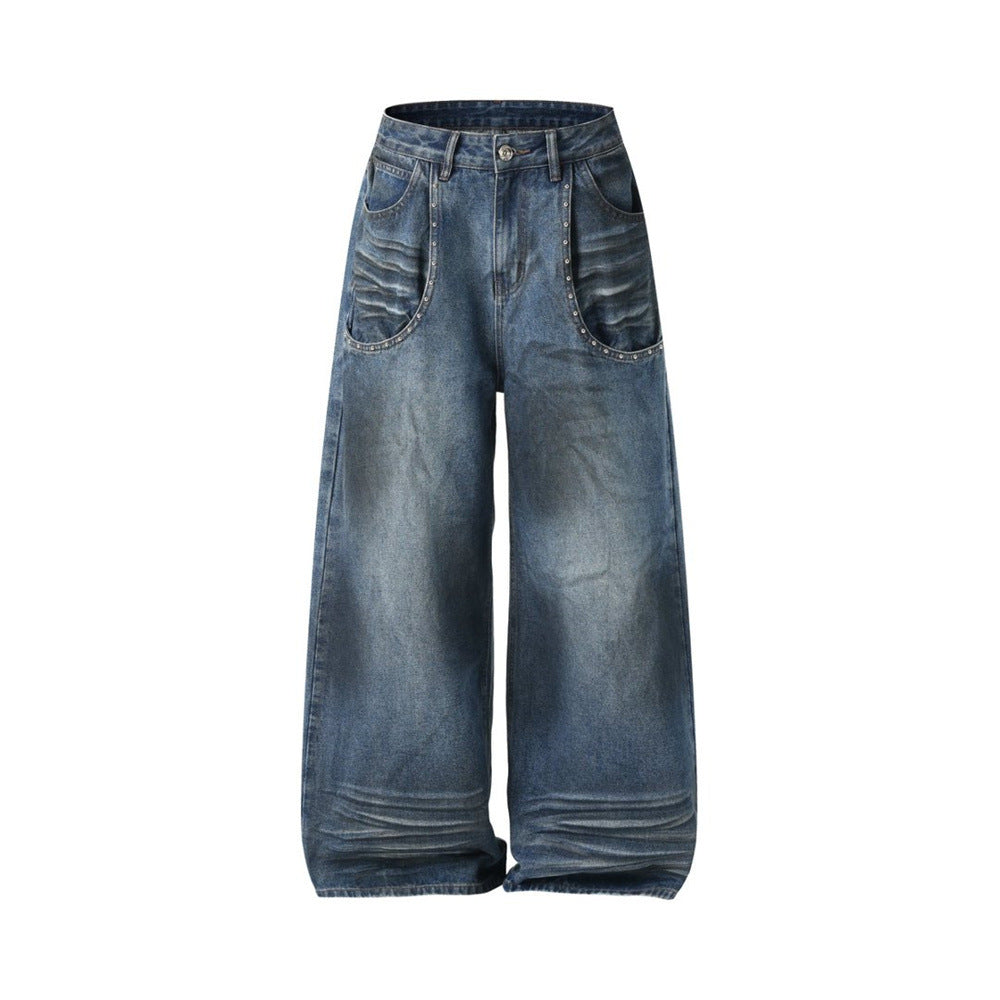 Straight Leg Jeans Mens Wide-Leg Punk Washed Denim with Rivet Pocket Detail