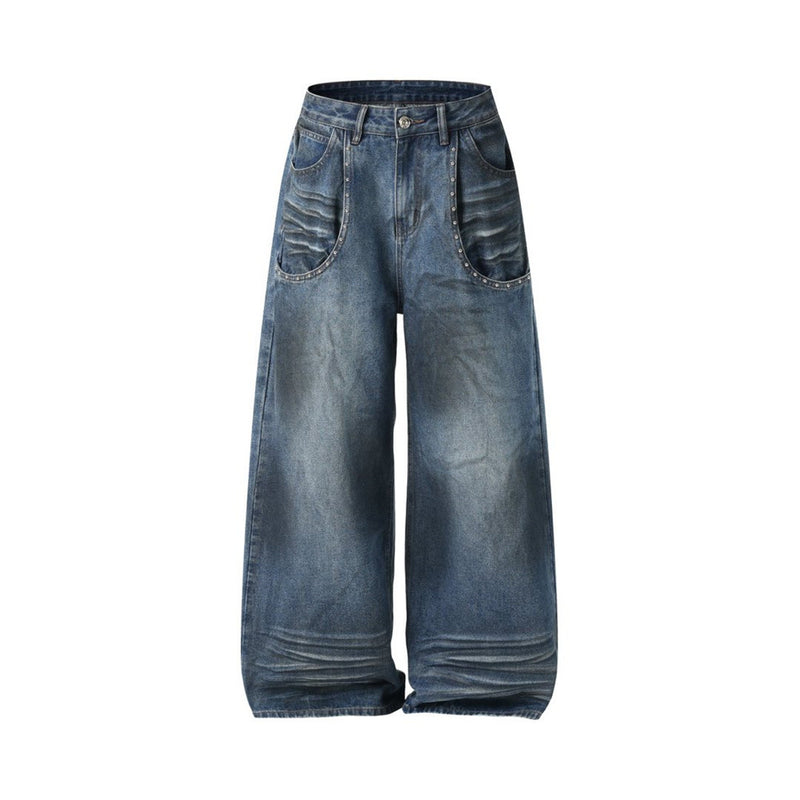 Straight Leg Jeans Mens Wide-Leg Punk Washed Denim with Rivet Pocket Detail