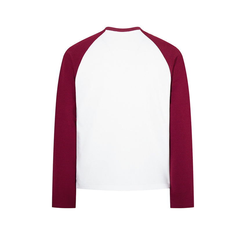 Raglan-Longsleeve – Retro-Bandgrafik, Waffelstrickärmel, Weiß &