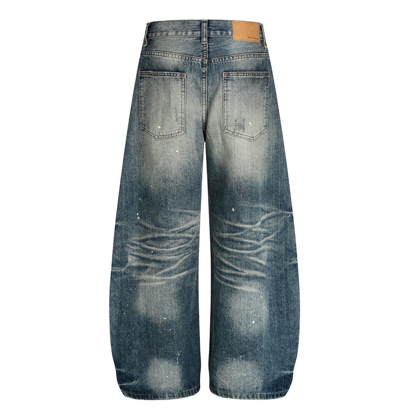 Vaqueros baggy con diseño — Denim vintage lavado de pierna ancha con salpicaduras de pintura