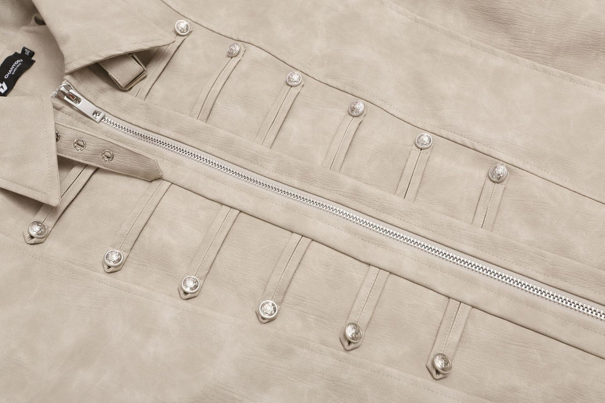 Military-Style Faux Leather Jacket – Punk Band Collar with Decorative Buttons