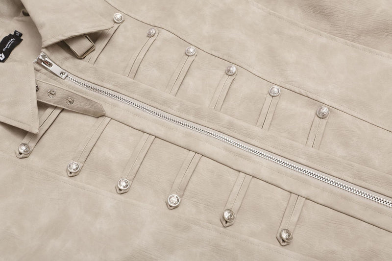 Military-Style Faux Leather Jacket – Punk Band Collar with Decorative Buttons
