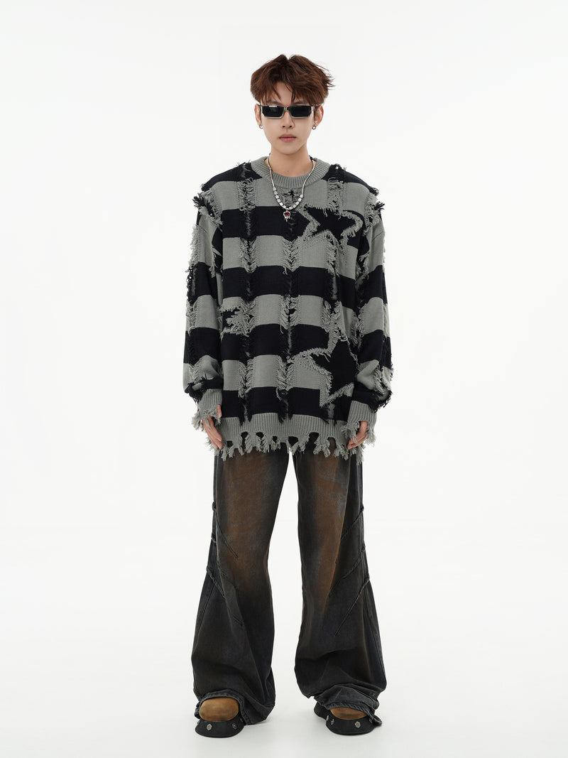 Pull oversize en maille rayée à étoiles délavée – Col rond à franges
